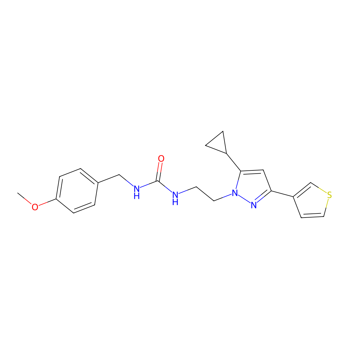 1-(2-(5-cyclopropyl-3-(thiophen-3-yl)-1H-pyrazol-1-yl)ethyl)-3-(4-methoxybenzyl)urea molecular structure, CAS 2034451-21-1