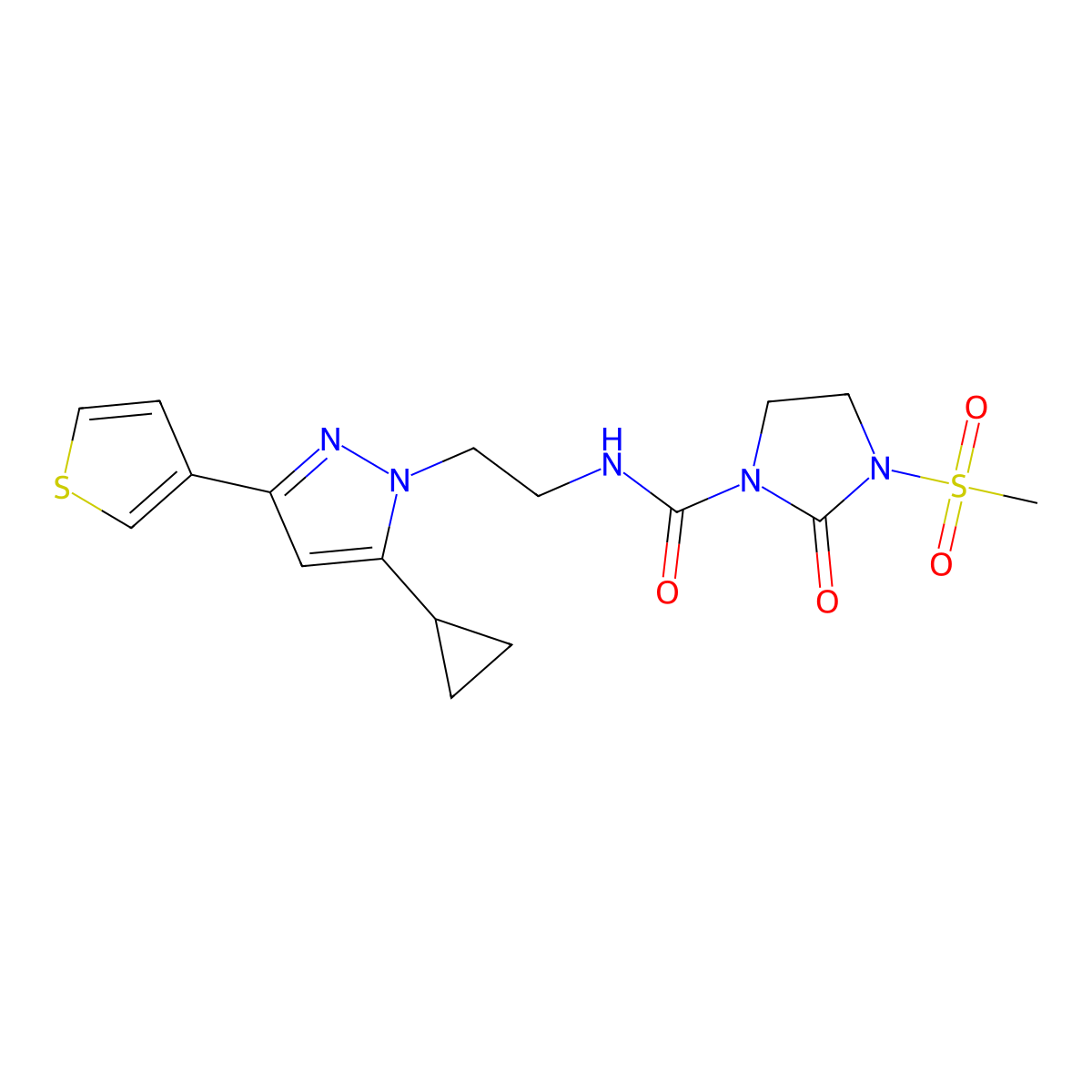 N-(2-(5-cyclopropyl-3-(thiophen-3-yl)-1H-pyrazol-1-yl)ethyl)-3-(methylsulfonyl)-2-oxoimidazolidine-1-carboxamide molecular structure, CAS 2034451-23-3