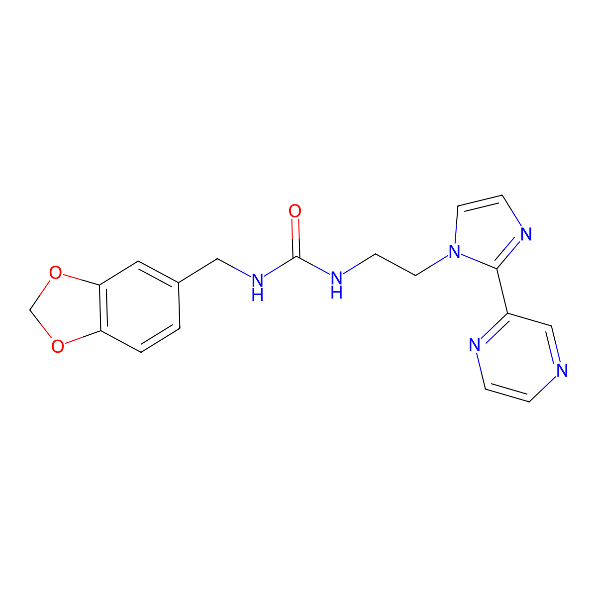 1-(benzo[d][1,3]dioxol-5-ylmethyl)-3-(2-(2-(pyrazin-2-yl)-1H-imidazol-1-yl)ethyl)urea molecular structure, CAS 2034451-28-8