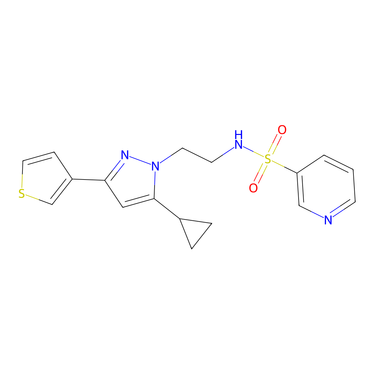 N-{2-[5-cyclopropyl-3-(thiophen-3-yl)-1H-pyrazol-1-yl]ethyl}pyridine-3-sulfonamide molecular structure, CAS 2034451-29-9