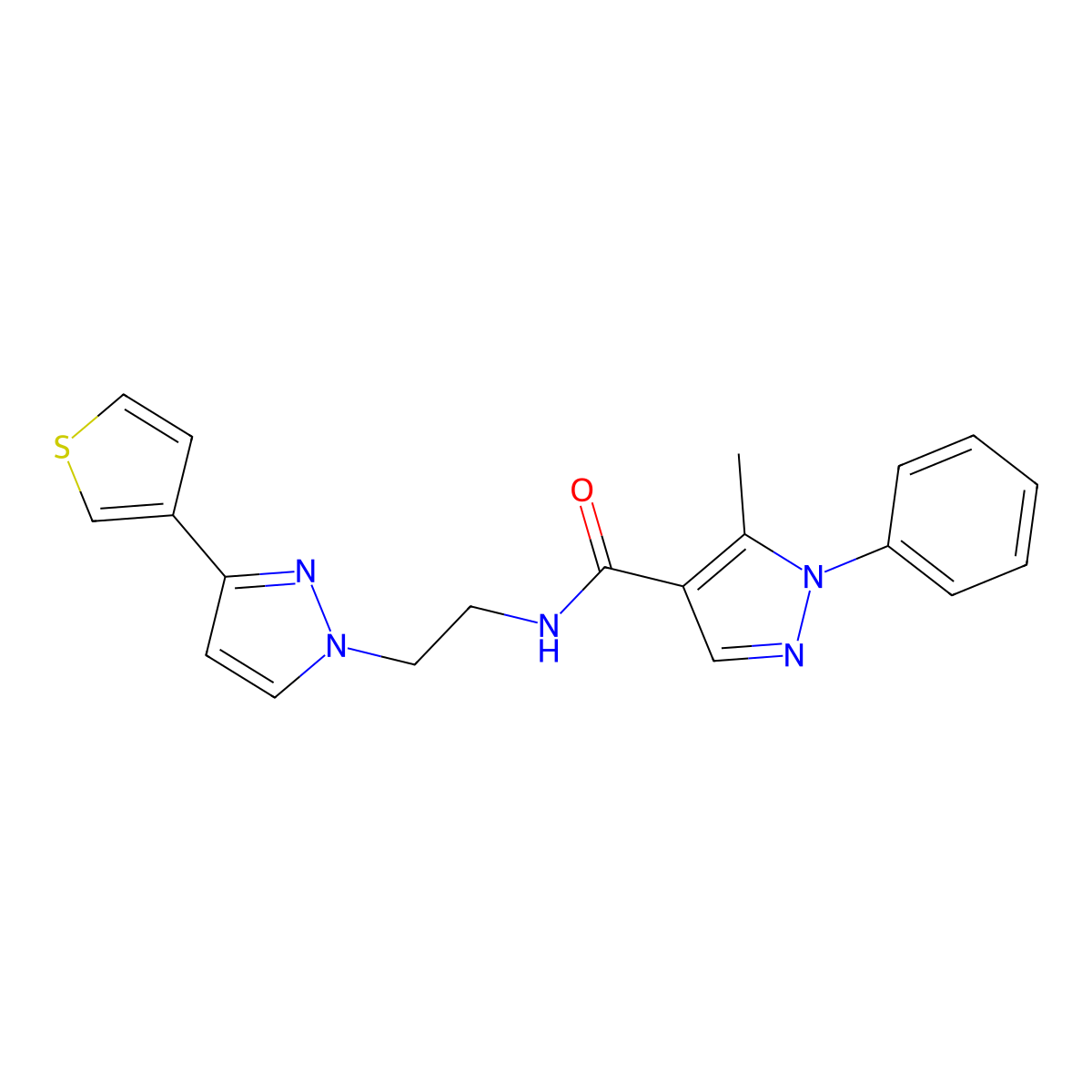 5-methyl-1-phenyl-N-{2-[3-(thiophen-3-yl)-1H-pyrazol-1-yl]ethyl}-1H-pyrazole-4-carboxamide molecular structure, CAS 2034451-34-6