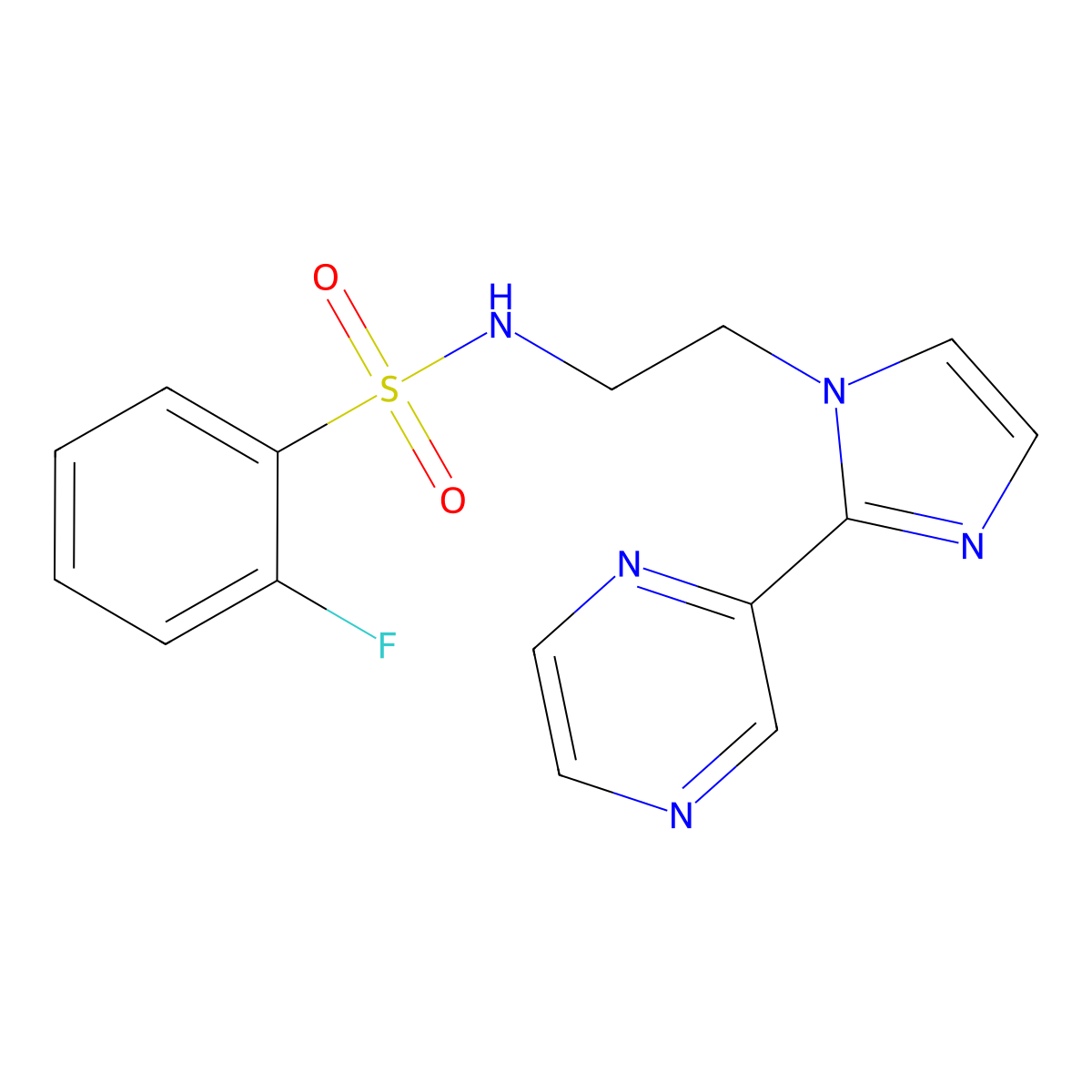 2-fluoro-N-(2-(2-(pyrazin-2-yl)-1H-imidazol-1-yl)ethyl)benzenesulfonamide molecular structure, CAS 2034451-35-7