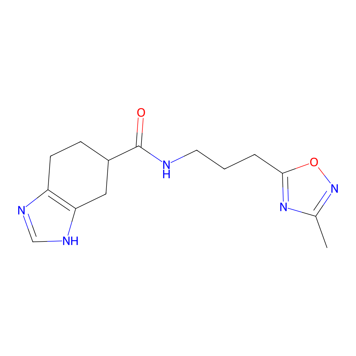 N-(3-(3-methyl-1,2,4-oxadiazol-5-yl)propyl)-4,5,6,7-tetrahydro-1H-benzo[d]imidazole-5-carboxamide molecular structure, CAS 2034451-42-6