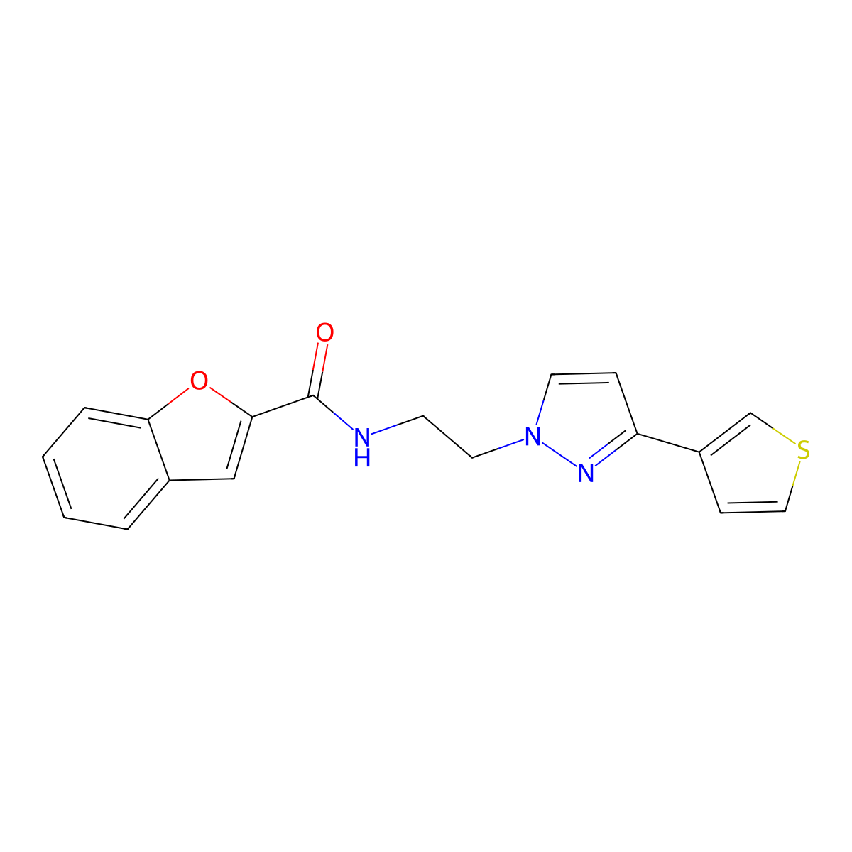 N-(2-(3-(thiophen-3-yl)-1H-pyrazol-1-yl)ethyl)benzofuran-2-carboxamide molecular structure, CAS 2034451-58-4