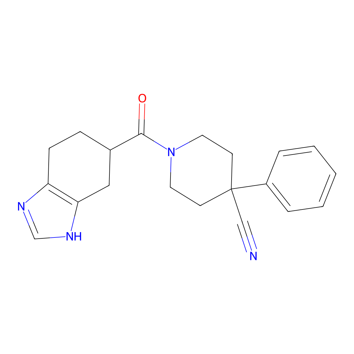4-phenyl-1-(4,5,6,7-tetrahydro-1H-benzo[d]imidazole-5-carbonyl)piperidine-4-carbonitrile molecular structure, CAS 2034451-64-2