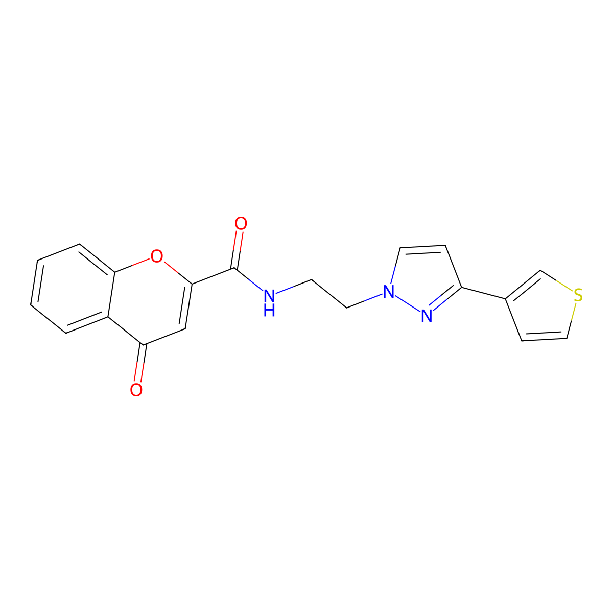 4-oxo-N-(2-(3-(thiophen-3-yl)-1H-pyrazol-1-yl)ethyl)-4H-chromene-2-carboxamide molecular structure, CAS 2034451-67-5
