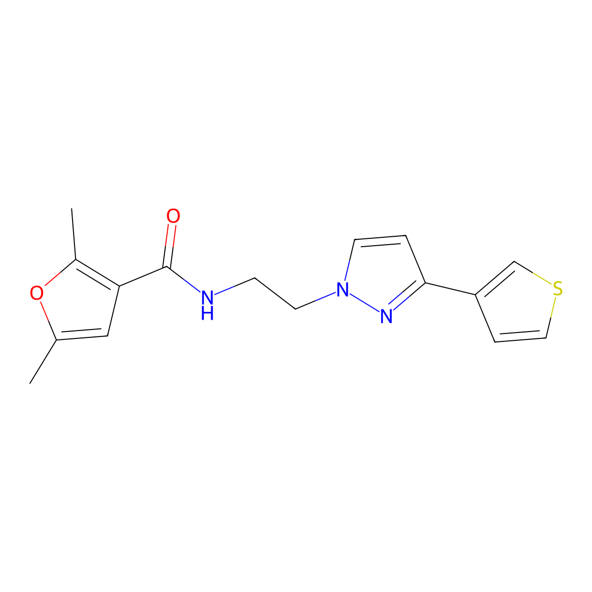 2,5-dimethyl-N-(2-(3-(thiophen-3-yl)-1H-pyrazol-1-yl)ethyl)furan-3-carboxamide molecular structure, CAS 2034451-77-7
