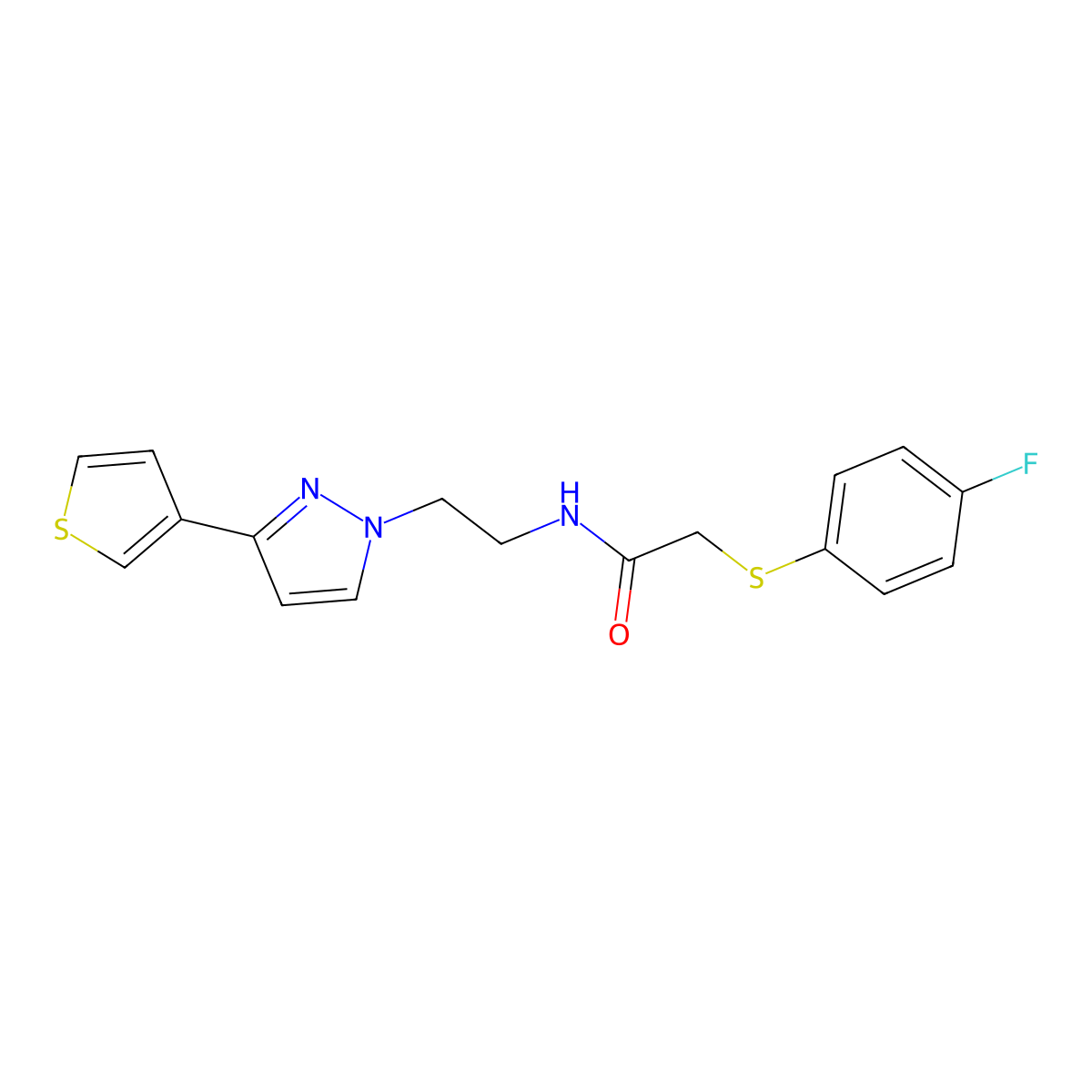 2-((4-fluorophenyl)thio)-N-(2-(3-(thiophen-3-yl)-1H-pyrazol-1-yl)ethyl)acetamide molecular structure, CAS 2034451-86-8