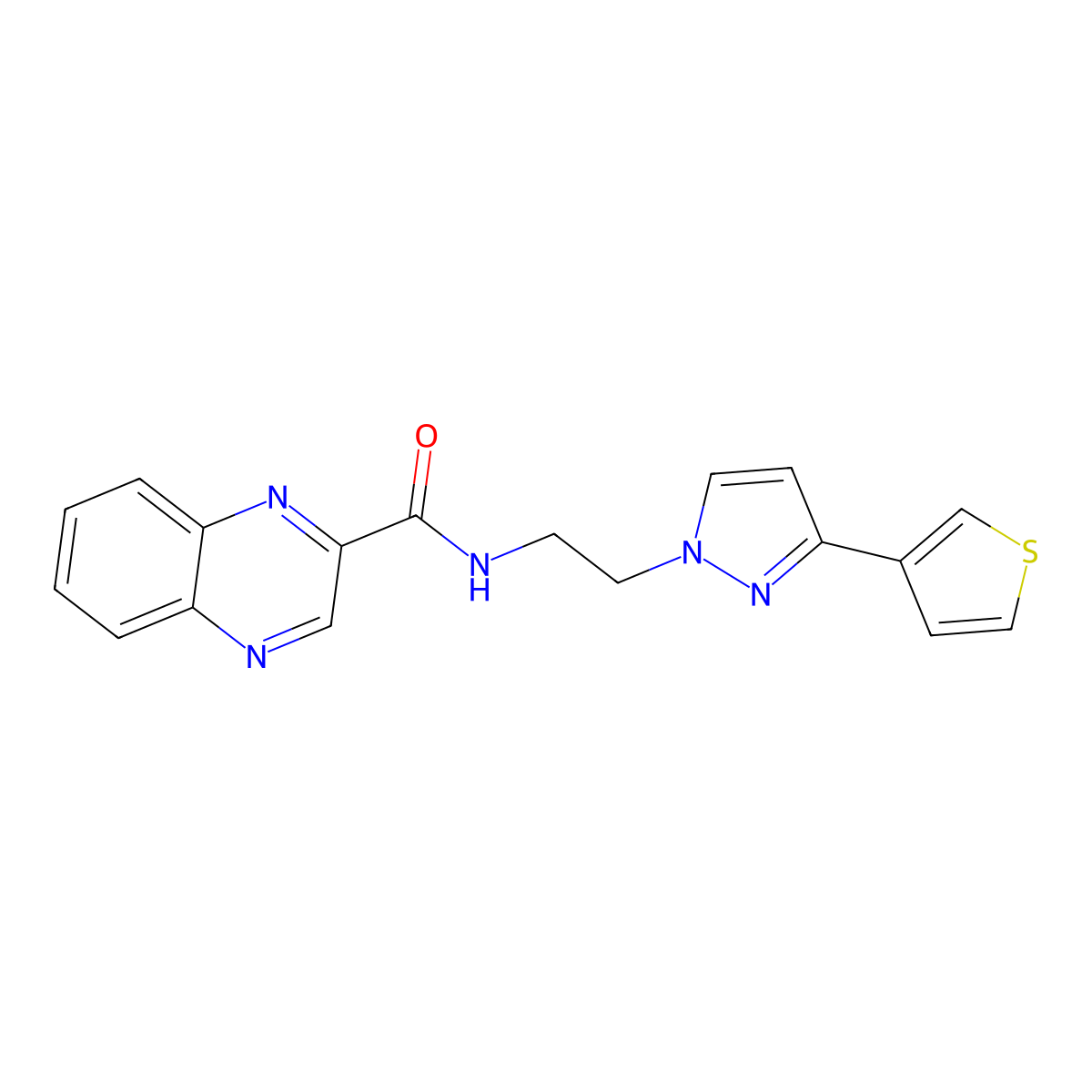 N-(2-(3-(thiophen-3-yl)-1H-pyrazol-1-yl)ethyl)quinoxaline-2-carboxamide molecular structure, CAS 2034451-92-6