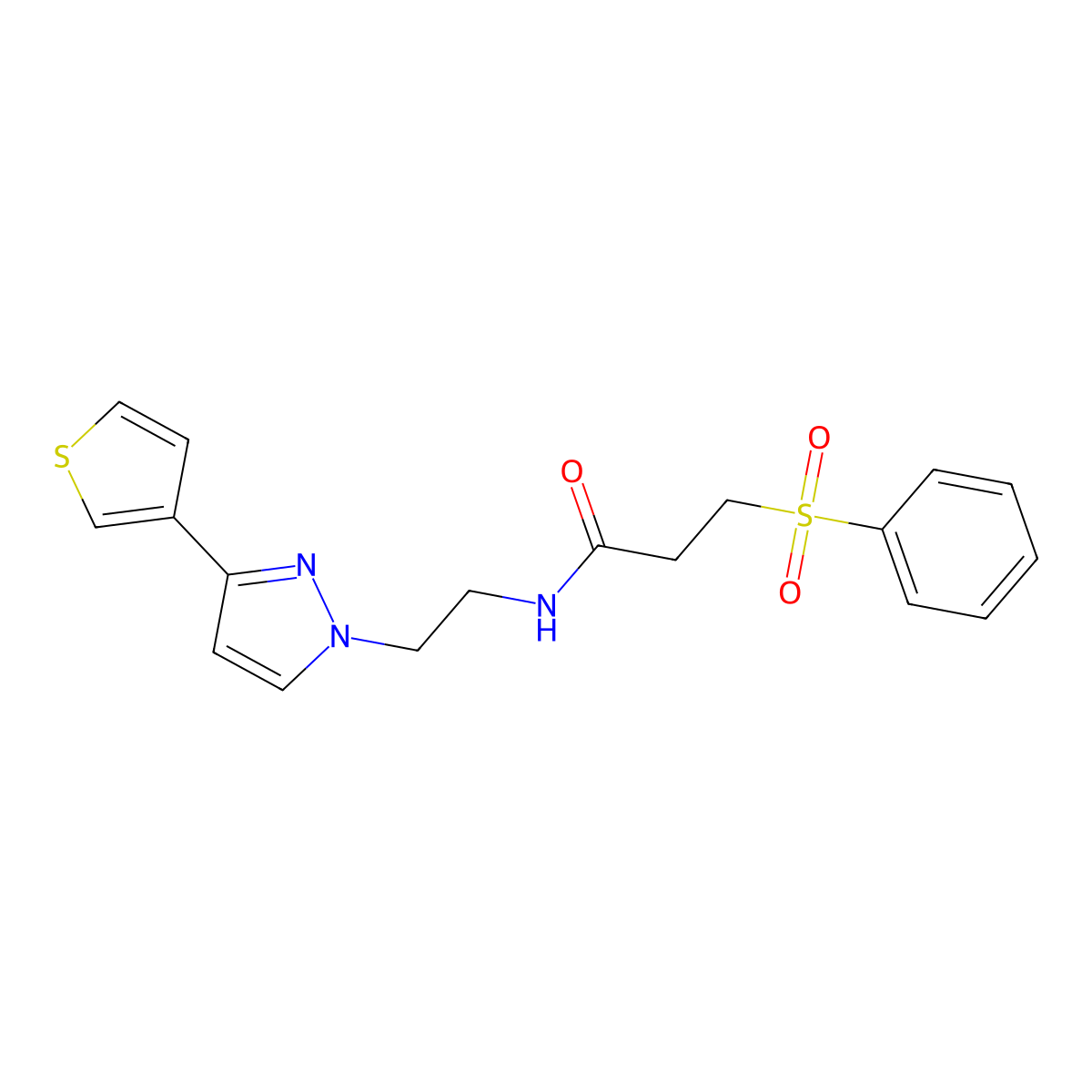 3-(phenylsulfonyl)-N-(2-(3-(thiophen-3-yl)-1H-pyrazol-1-yl)ethyl)propanamide molecular structure, CAS 2034452-05-4