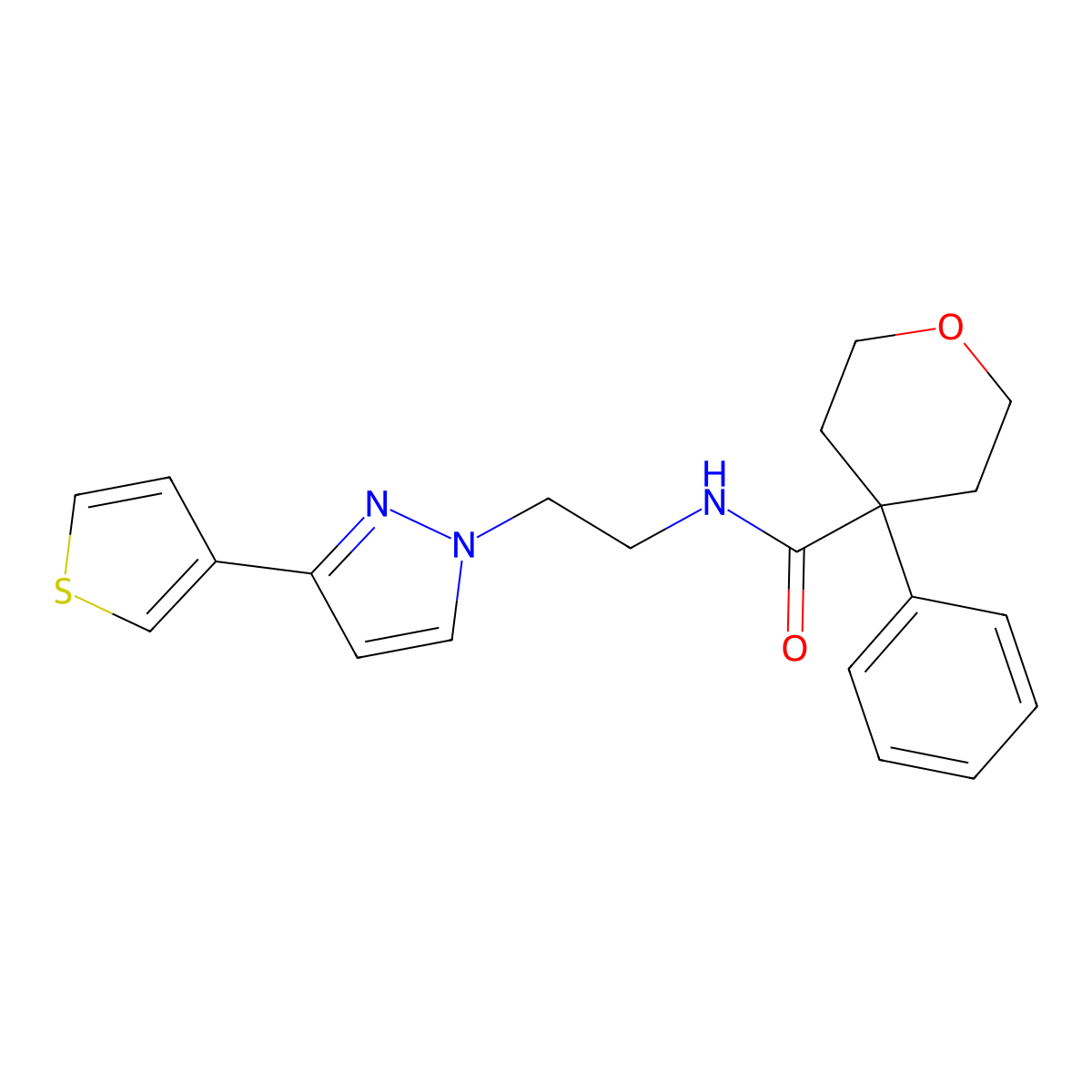 4-phenyl-N-(2-(3-(thiophen-3-yl)-1H-pyrazol-1-yl)ethyl)tetrahydro-2H-pyran-4-carboxamide molecular structure, CAS 2034452-18-9