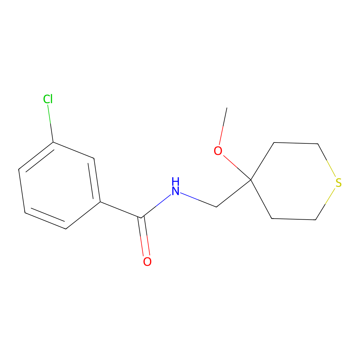 3-chloro-N-((4-methoxytetrahydro-2H-thiopyran-4-yl)methyl)benzamide molecular structure, CAS 2034452-21-4