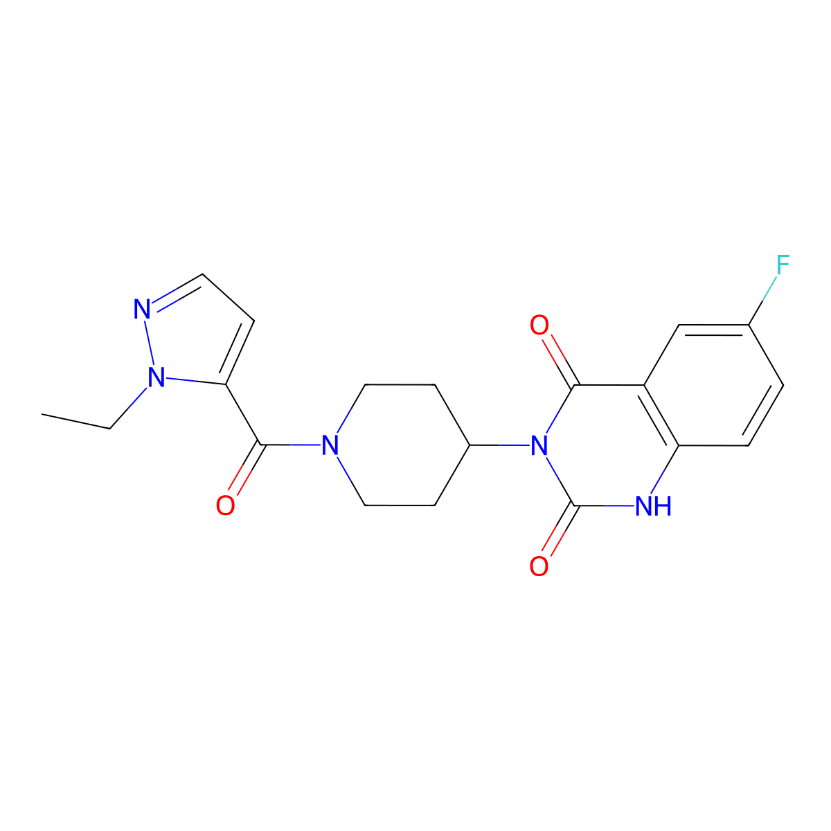 3-(1-(1-ethyl-1H-pyrazole-5-carbonyl)piperidin-4-yl)-6-fluoroquinazoline-2,4(1H,3H)-dione molecular structure, CAS 2034452-27-0