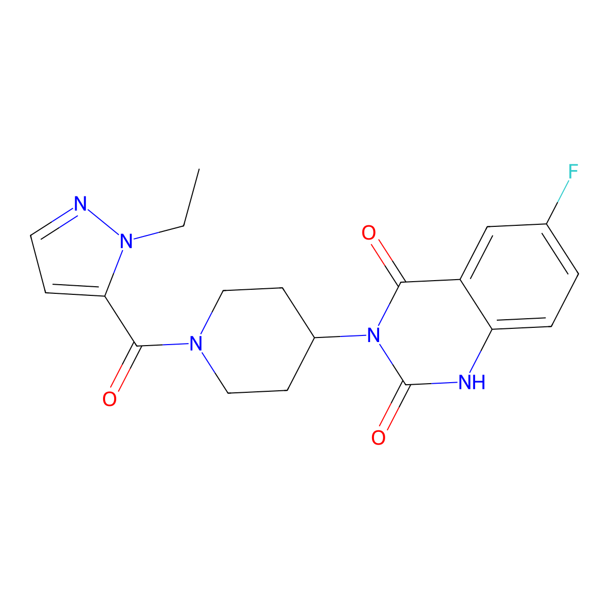 3-(1-(1-ethyl-1H-pyrazole-5-carbonyl)piperidin-4-yl)-6-fluoroquinazoline-2,4(1H,3H)-dione molecular structure, CAS 2034452-27-0