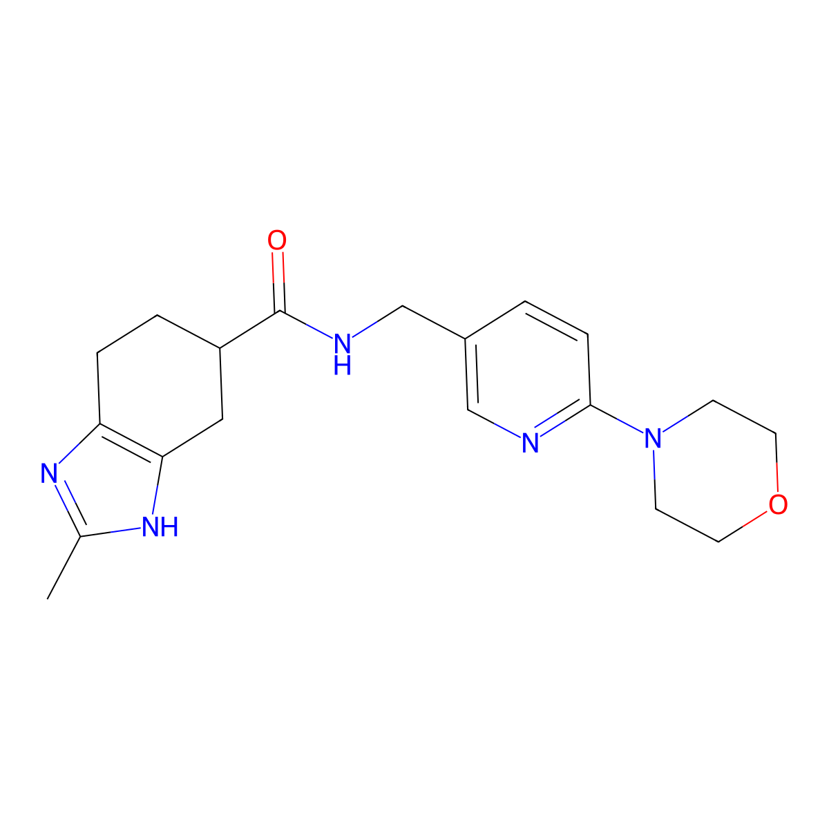 2-methyl-N-((6-morpholinopyridin-3-yl)methyl)-4,5,6,7-tetrahydro-1H-benzo[d]imidazole-5-carboxamide molecular structure, CAS 2034452-32-7