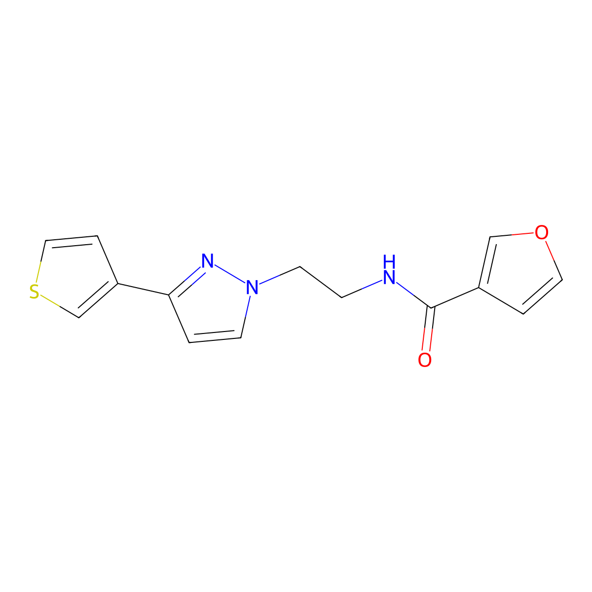 N-{2-[3-(thiophen-3-yl)-1H-pyrazol-1-yl]ethyl}furan-3-carboxamide molecular structure, CAS 2034452-38-3
