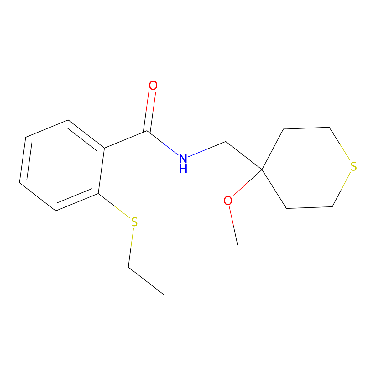 2-(ethylthio)-N-((4-methoxytetrahydro-2H-thiopyran-4-yl)methyl)benzamide molecular structure, CAS 2034452-42-9