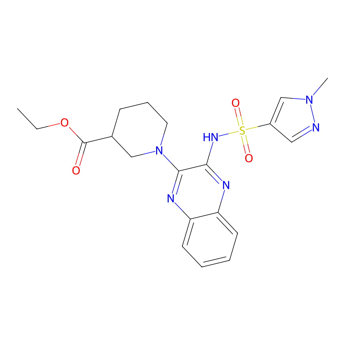 ethyl 1-(3-(1-methyl-1H-pyrazole-4-sulfonamido)quinoxalin-2-yl)piperidine-3-carboxylate molecular structure, CAS 2034452-45-2