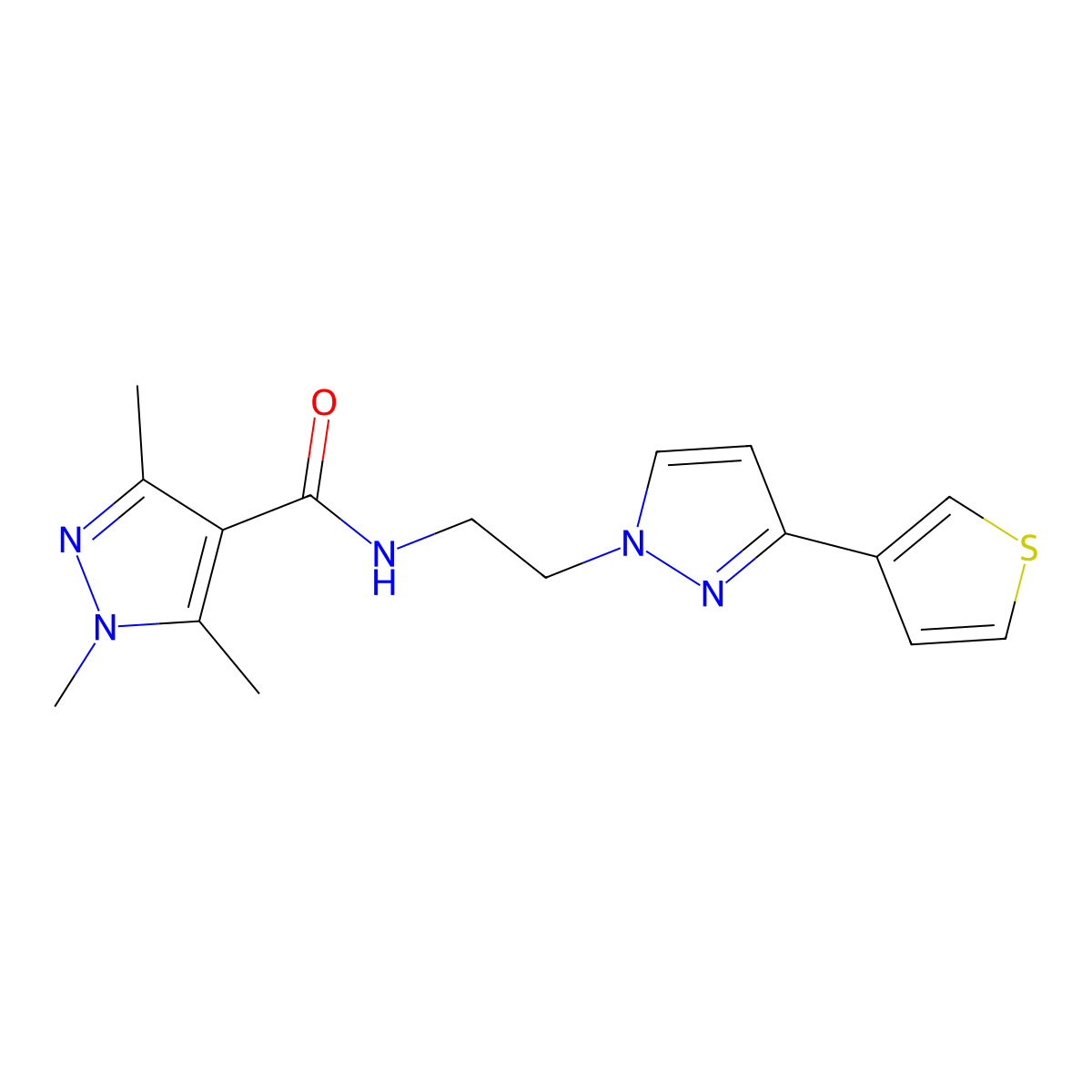 1,3,5-trimethyl-N-{2-[3-(thiophen-3-yl)-1H-pyrazol-1-yl]ethyl}-1H-pyrazole-4-carboxamide molecular structure, CAS 2034452-58-7
