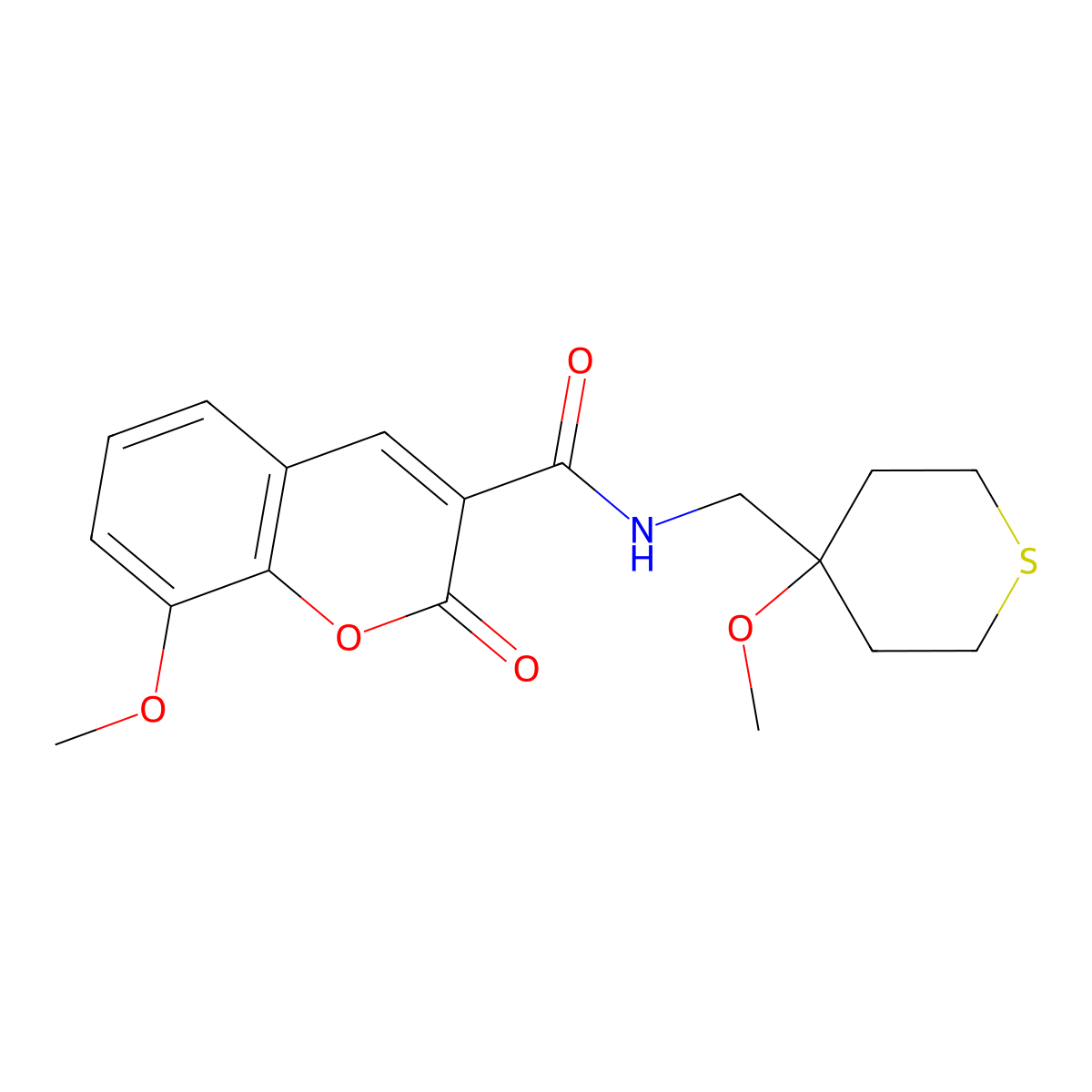 8-methoxy-N-((4-methoxytetrahydro-2H-thiopyran-4-yl)methyl)-2-oxo-2H-chromene-3-carboxamide molecular structure, CAS 2034452-69-0