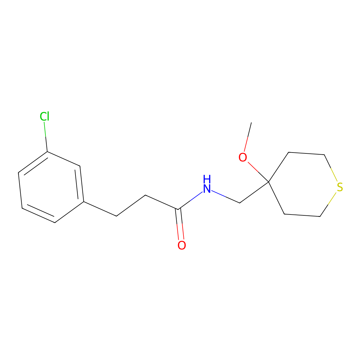 3-(3-chlorophenyl)-N-((4-methoxytetrahydro-2H-thiopyran-4-yl)methyl)propanamide molecular structure, CAS 2034452-82-7