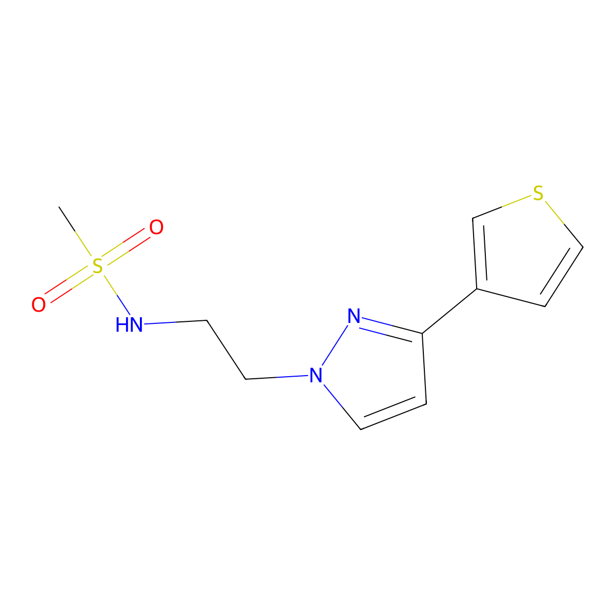 N-(2-(3-(thiophen-3-yl)-1H-pyrazol-1-yl)ethyl)methanesulfonamide molecular structure, CAS 2034452-85-0