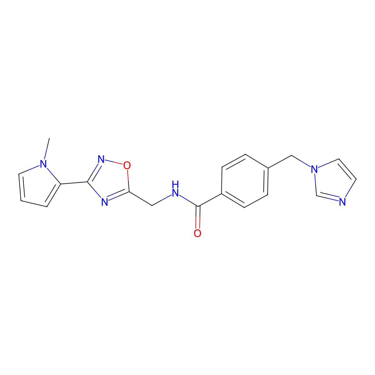 4-[(1H-imidazol-1-yl)methyl]-N-{[3-(1-methyl-1H-pyrrol-2-yl)-1,2,4-oxadiazol-5-yl]methyl}benzamide molecular structure, CAS 2034452-95-2