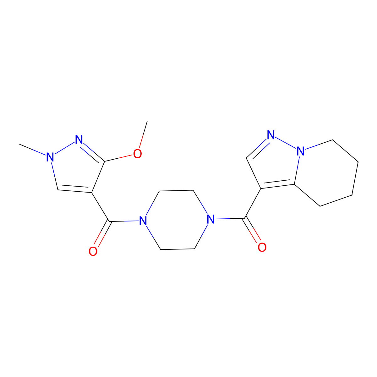 (3-methoxy-1-methyl-1H-pyrazol-4-yl)(4-(4,5,6,7-tetrahydropyrazolo[1,5-a]pyridine-3-carbonyl)piperazin-1-yl)methanone molecular structure, CAS 2034452-96-3