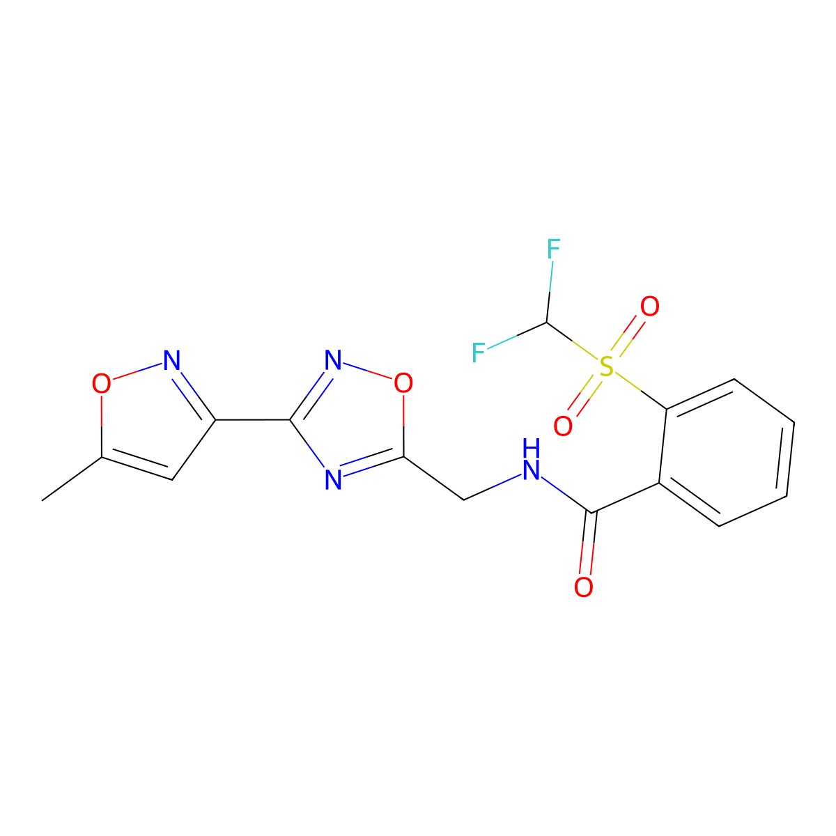 2-((difluoromethyl)sulfonyl)-N-((3-(5-methylisoxazol-3-yl)-1,2,4-oxadiazol-5-yl)methyl)benzamide molecular structure, CAS 2034452-97-4