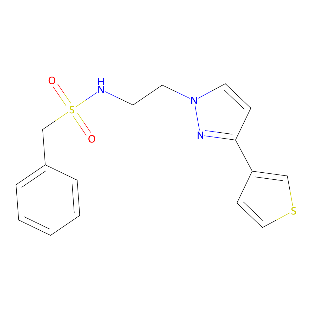 1-phenyl-N-(2-(3-(thiophen-3-yl)-1H-pyrazol-1-yl)ethyl)methanesulfonamide molecular structure, CAS 2034452-98-5