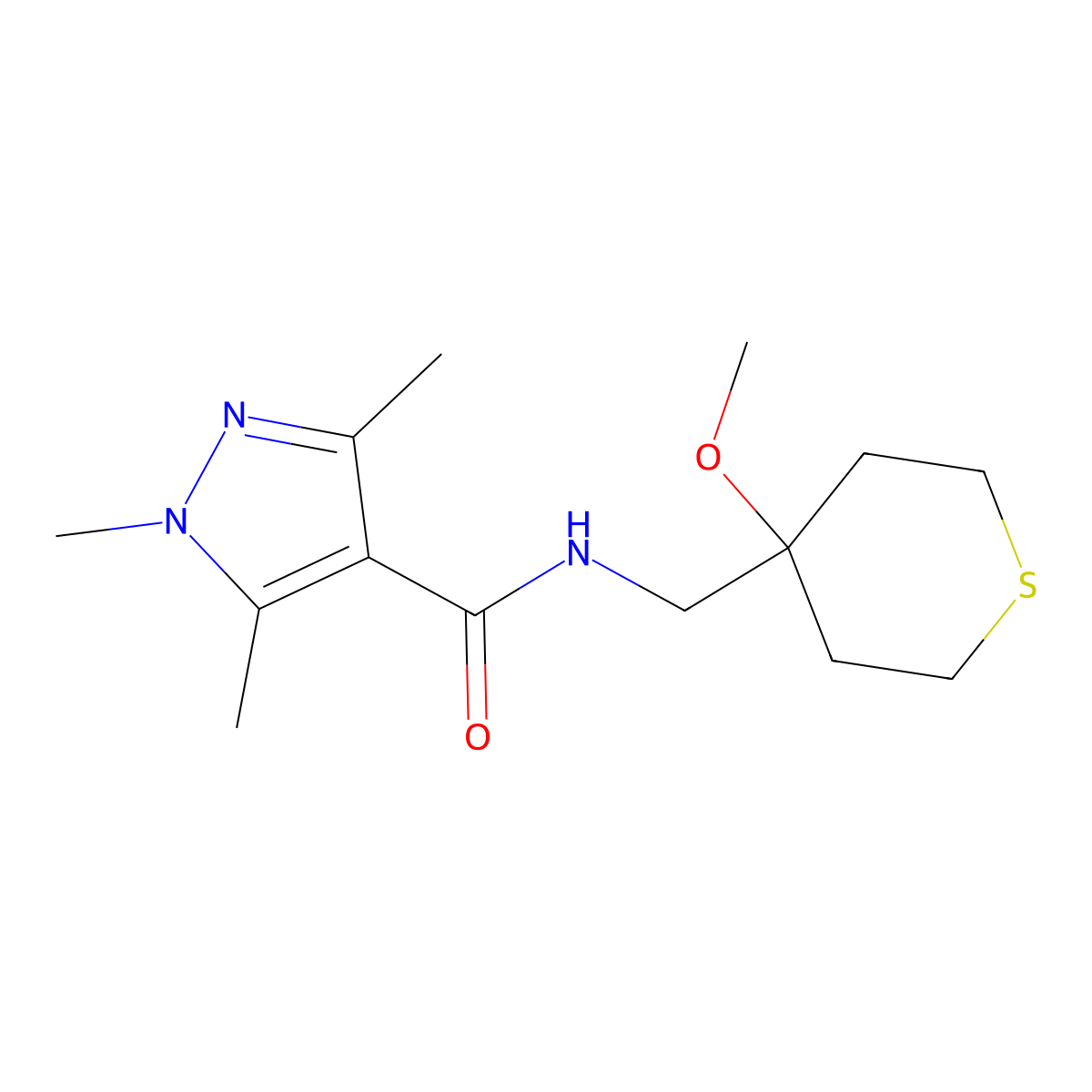 N-((4-methoxytetrahydro-2H-thiopyran-4-yl)methyl)-1,3,5-trimethyl-1H-pyrazole-4-carboxamide molecular structure, CAS 2034453-00-2
