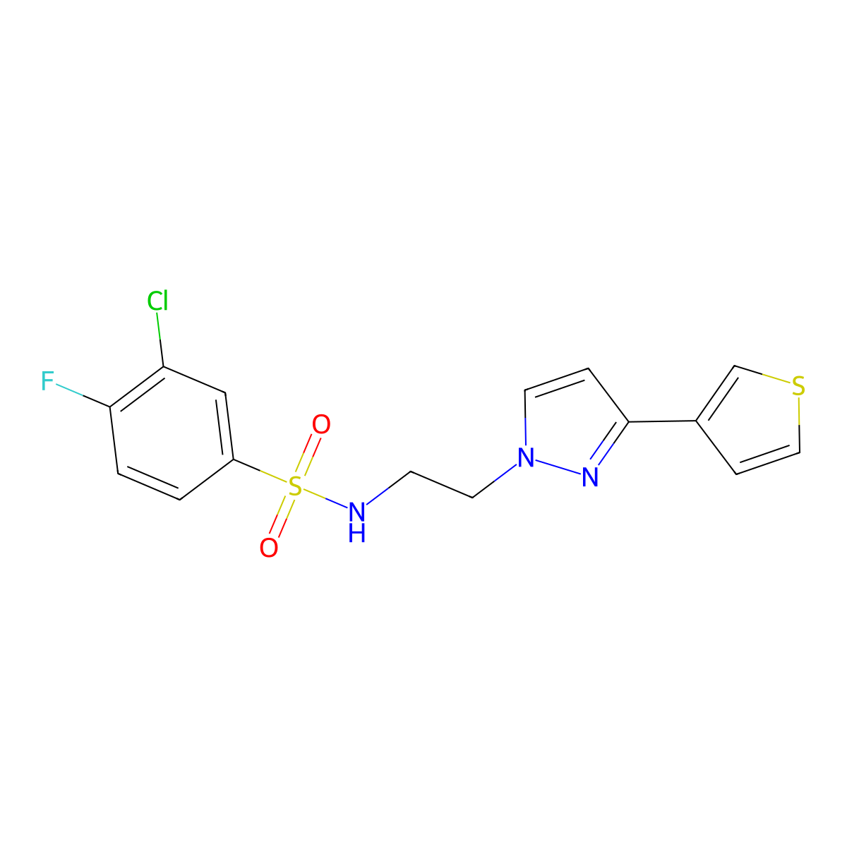 3-chloro-4-fluoro-N-(2-(3-(thiophen-3-yl)-1H-pyrazol-1-yl)ethyl)benzenesulfonamide molecular structure, CAS 2034453-04-6