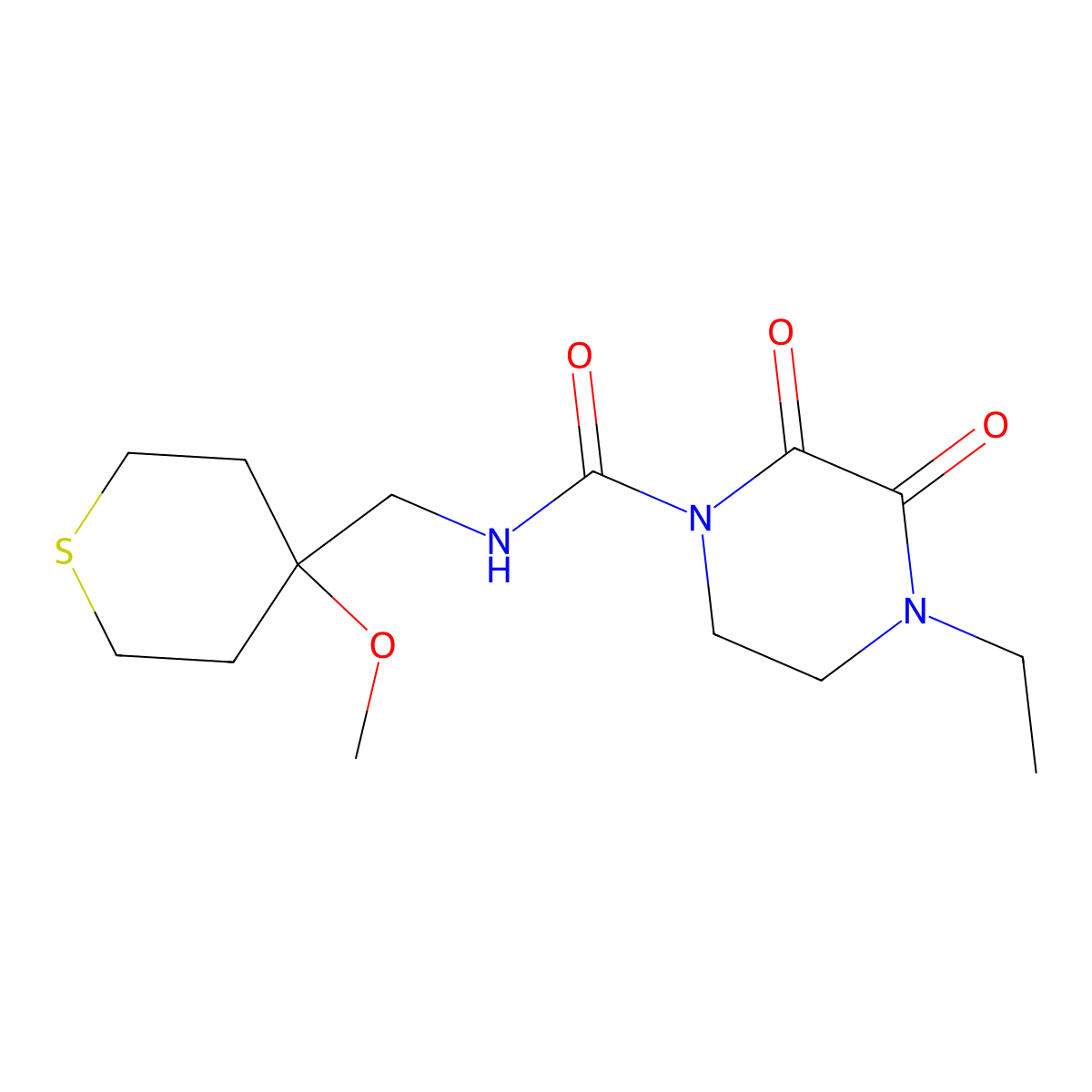 4-ethyl-N-((4-methoxytetrahydro-2H-thiopyran-4-yl)methyl)-2,3-dioxopiperazine-1-carboxamide molecular structure, CAS 2034453-07-9