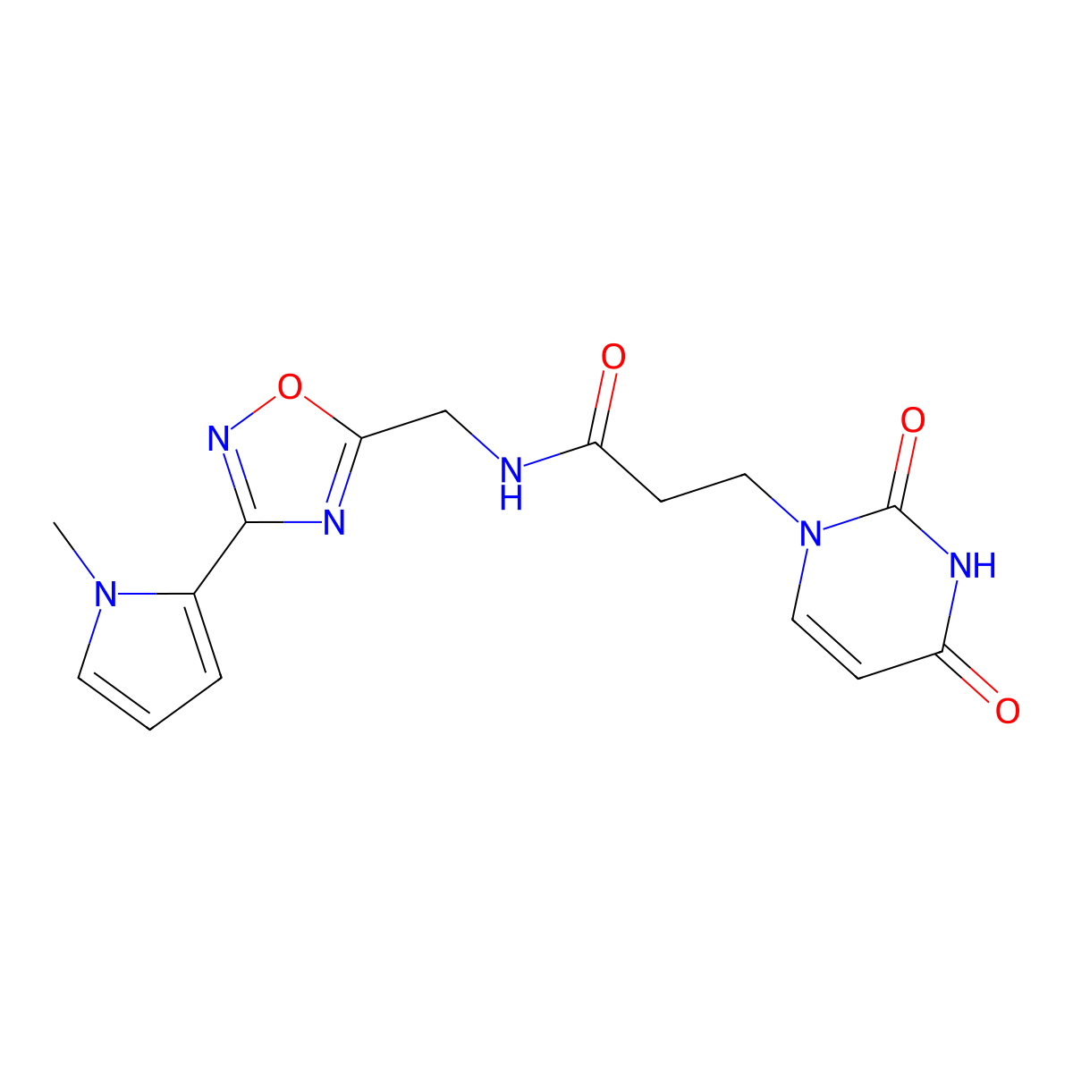 3-(2,4-dioxo-3,4-dihydropyrimidin-1(2H)-yl)-N-((3-(1-methyl-1H-pyrrol-2-yl)-1,2,4-oxadiazol-5-yl)methyl)propanamide molecular structure, CAS 2034453-08-0