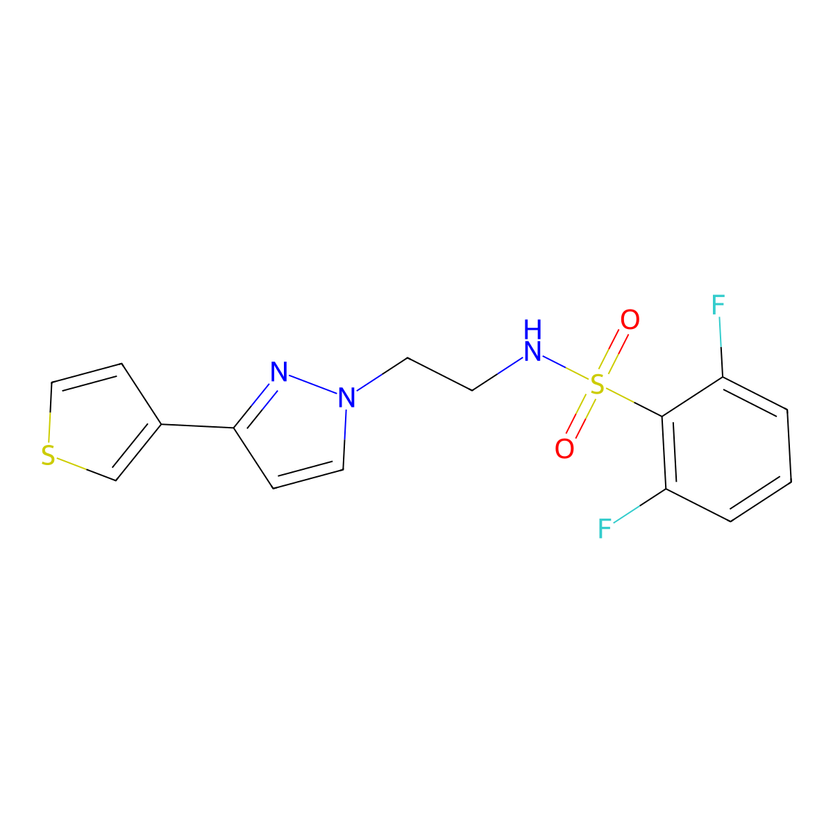 2,6-difluoro-N-(2-(3-(thiophen-3-yl)-1H-pyrazol-1-yl)ethyl)benzenesulfonamide molecular structure, CAS 2034453-10-4