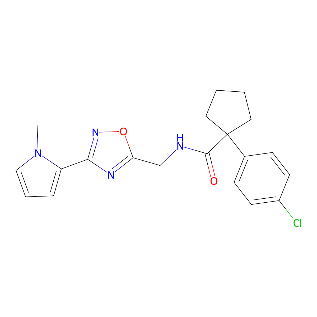 1-(4-chlorophenyl)-N-((3-(1-methyl-1H-pyrrol-2-yl)-1,2,4-oxadiazol-5-yl)methyl)cyclopentanecarboxamide molecular structure, CAS 2034453-13-7