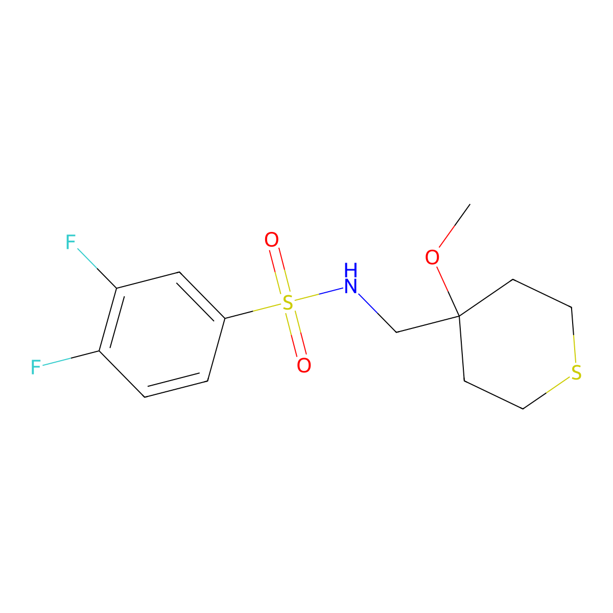 3,4-difluoro-N-((4-methoxytetrahydro-2H-thiopyran-4-yl)methyl)benzenesulfonamide molecular structure, CAS 2034453-27-3