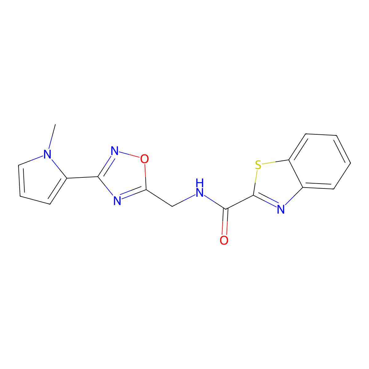 N-((3-(1-methyl-1H-pyrrol-2-yl)-1,2,4-oxadiazol-5-yl)methyl)benzo[d]thiazole-2-carboxamide molecular structure, CAS 2034453-28-4
