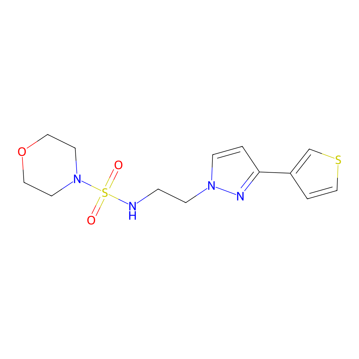 N-(2-(3-(thiophen-3-yl)-1H-pyrazol-1-yl)ethyl)morpholine-4-sulfonamide molecular structure, CAS 2034453-30-8
