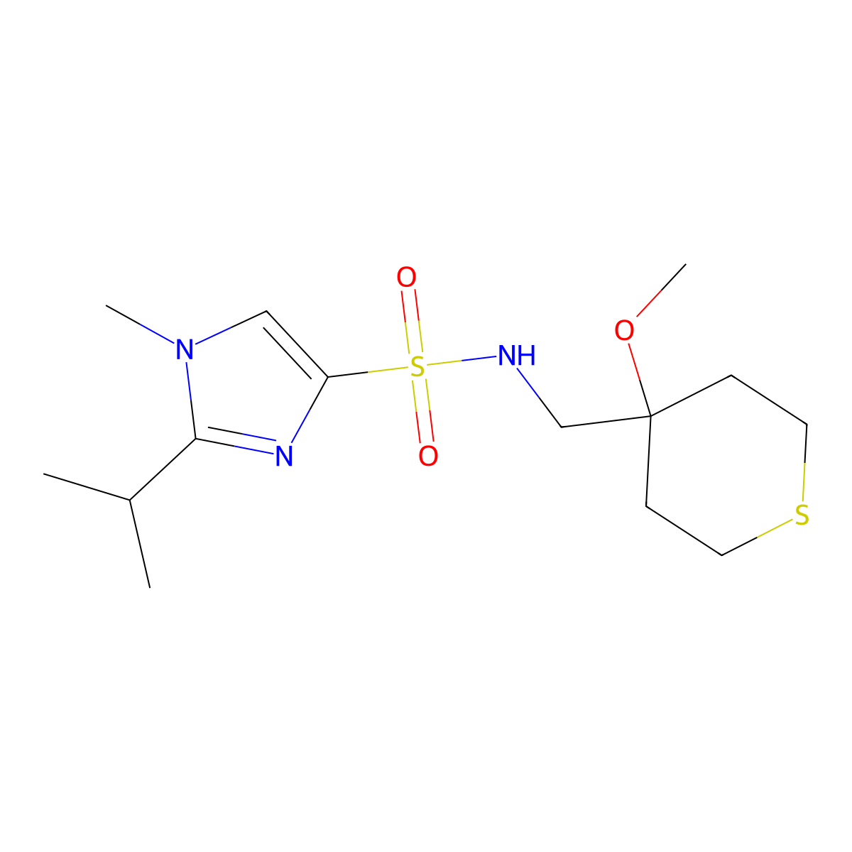 2-isopropyl-N-((4-methoxytetrahydro-2H-thiopyran-4-yl)methyl)-1-methyl-1H-imidazole-4-sulfonamide molecular structure, CAS 2034453-40-0