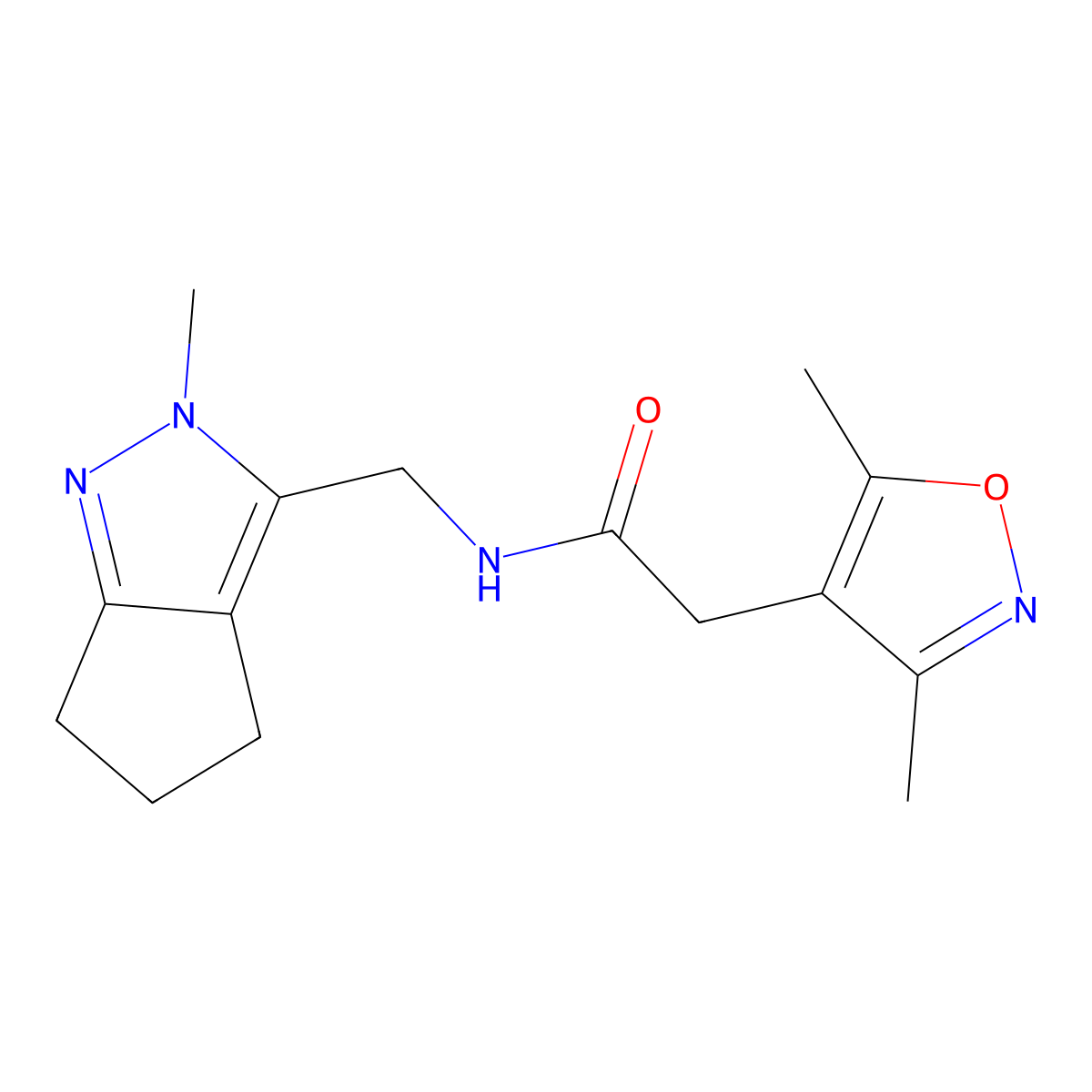 2-(3,5-dimethylisoxazol-4-yl)-N-((2-methyl-2,4,5,6-tetrahydrocyclopenta[c]pyrazol-3-yl)methyl)acetamide molecular structure, CAS 2034453-42-2