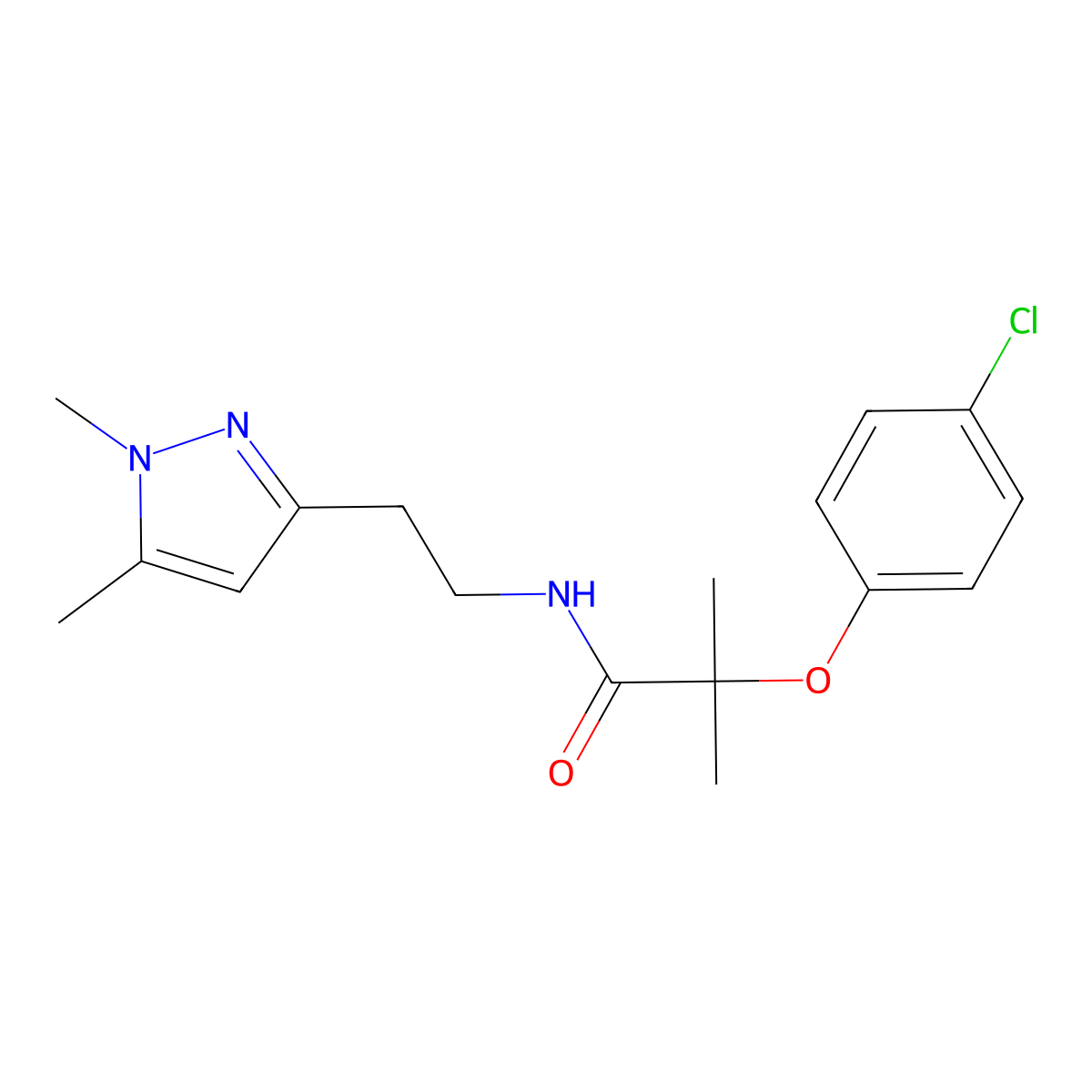 2-(4-chlorophenoxy)-N-[2-(1,5-dimethyl-1H-pyrazol-3-yl)ethyl]-2-methylpropanamide molecular structure, CAS 2034453-48-8
