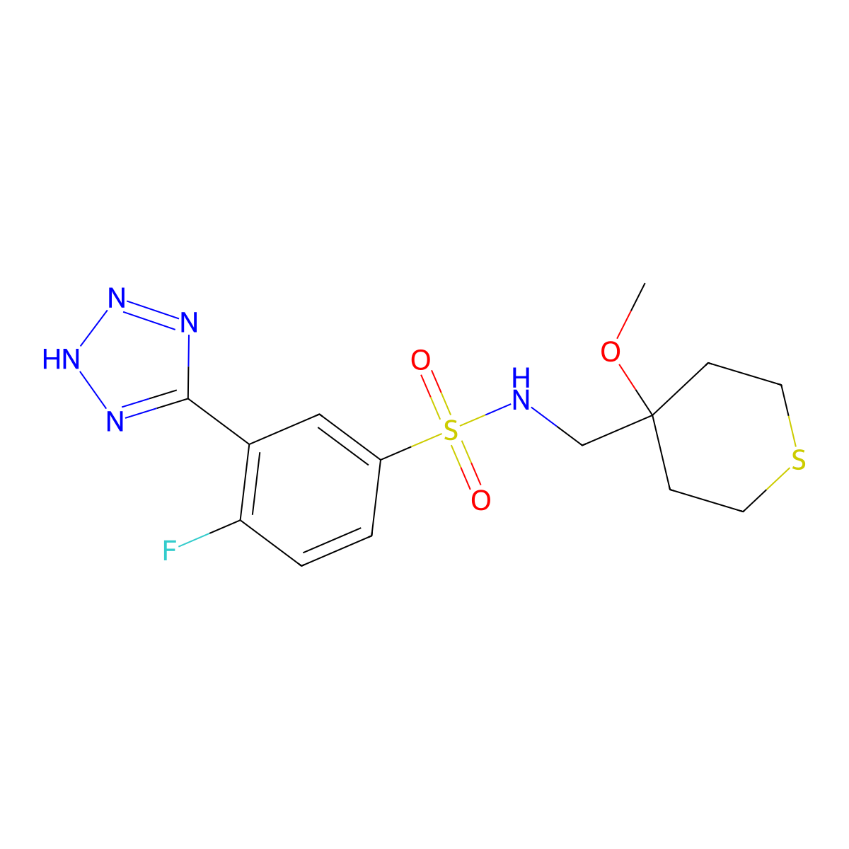 4-fluoro-N-((4-methoxytetrahydro-2H-thiopyran-4-yl)methyl)-3-(1H-tetrazol-5-yl)benzenesulfonamide molecular structure, CAS 2034453-57-9