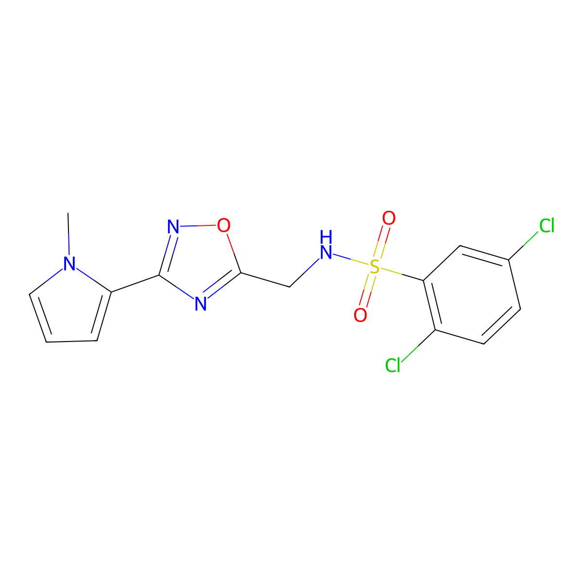 2,5-dichloro-N-((3-(1-methyl-1H-pyrrol-2-yl)-1,2,4-oxadiazol-5-yl)methyl)benzenesulfonamide molecular structure, CAS 2034453-68-2