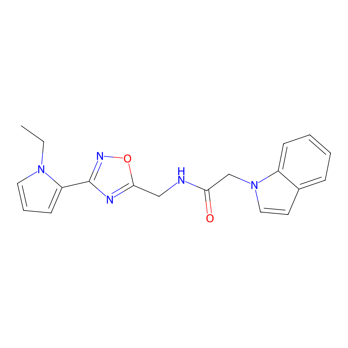 N-((3-(1-ethyl-1H-pyrrol-2-yl)-1,2,4-oxadiazol-5-yl)methyl)-2-(1H-indol-1-yl)acetamide molecular structure, CAS 2034453-70-6