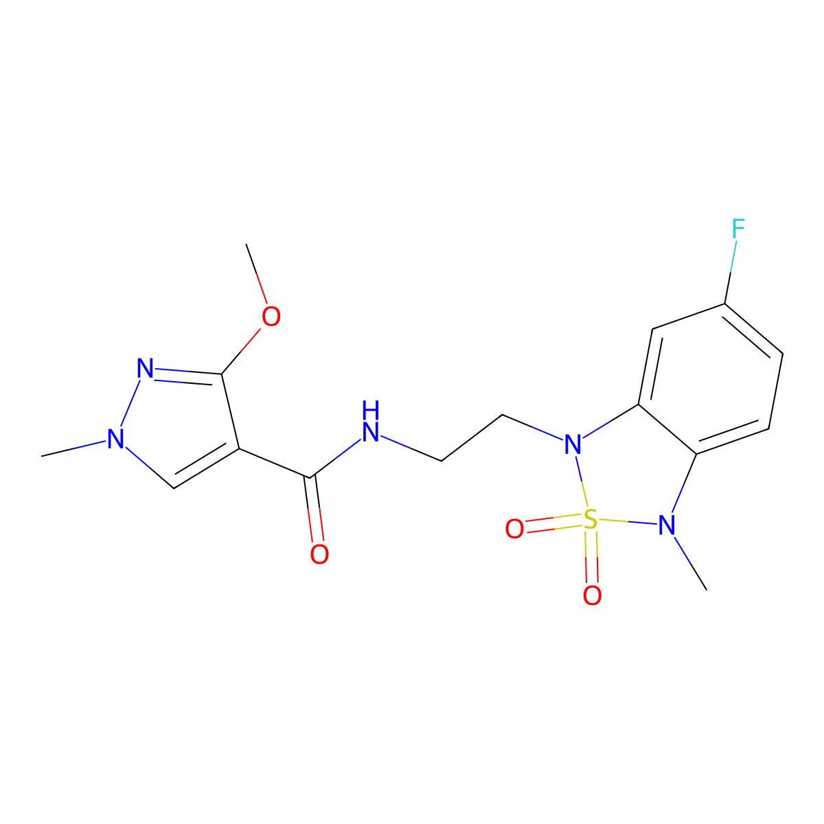 N-(2-(6-fluoro-3-methyl-2,2-dioxidobenzo[c][1,2,5]thiadiazol-1(3H)-yl)ethyl)-3-methoxy-1-methyl-1H-pyrazole-4-carboxamide molecular structure, CAS 2034453-73-9