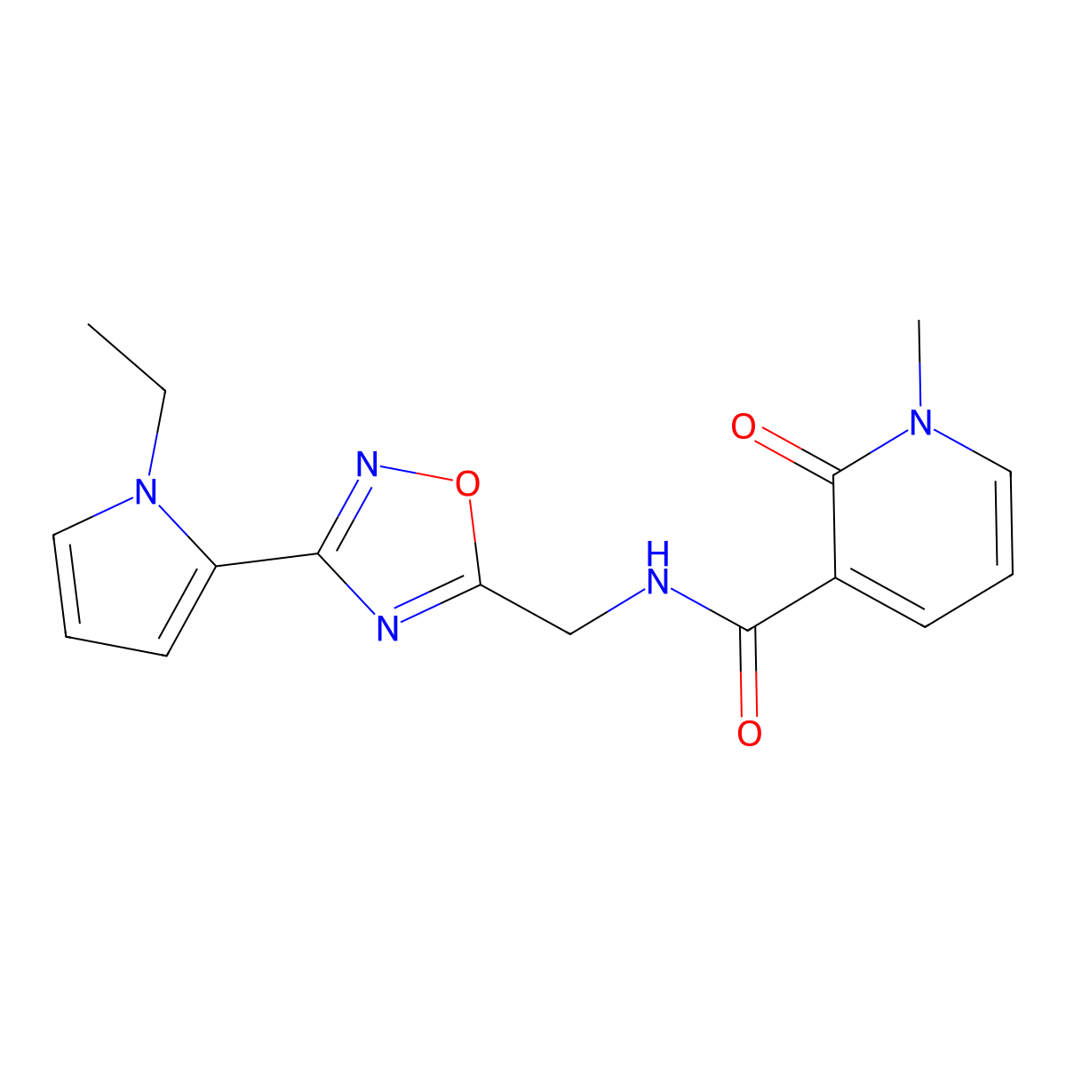 N-((3-(1-ethyl-1H-pyrrol-2-yl)-1,2,4-oxadiazol-5-yl)methyl)-1-methyl-2-oxo-1,2-dihydropyridine-3-carboxamide molecular structure, CAS 2034453-74-0