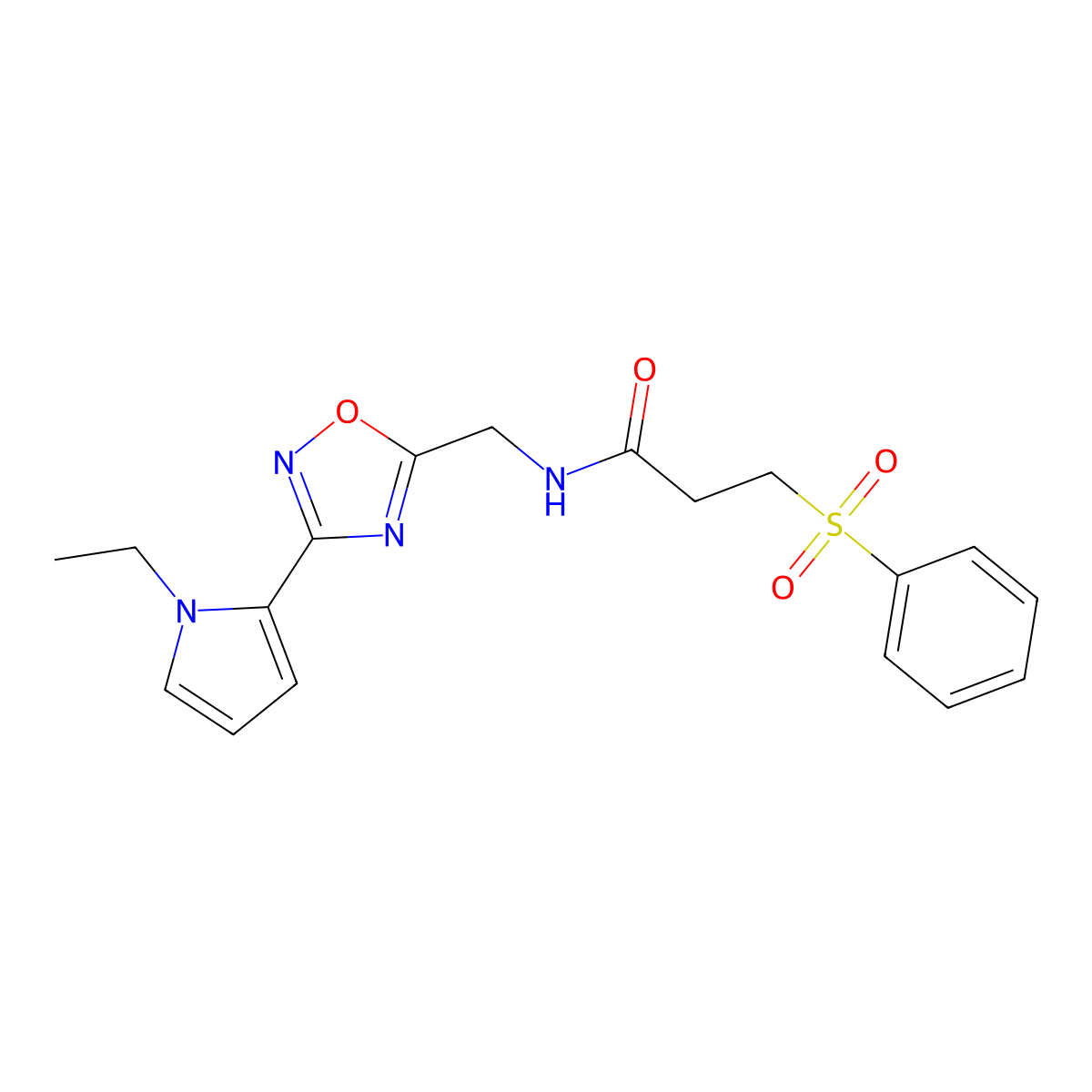 N-((3-(1-ethyl-1H-pyrrol-2-yl)-1,2,4-oxadiazol-5-yl)methyl)-3-(phenylsulfonyl)propanamide molecular structure, CAS 2034453-94-4