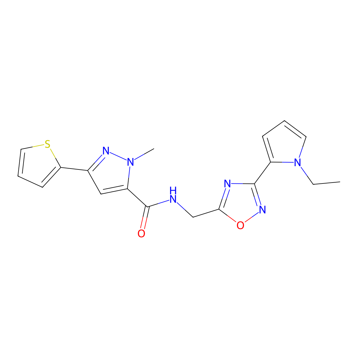 N-((3-(1-ethyl-1H-pyrrol-2-yl)-1,2,4-oxadiazol-5-yl)methyl)-1-methyl-3-(thiophen-2-yl)-1H-pyrazole-5-carboxamide molecular structure, CAS 2034454-05-0