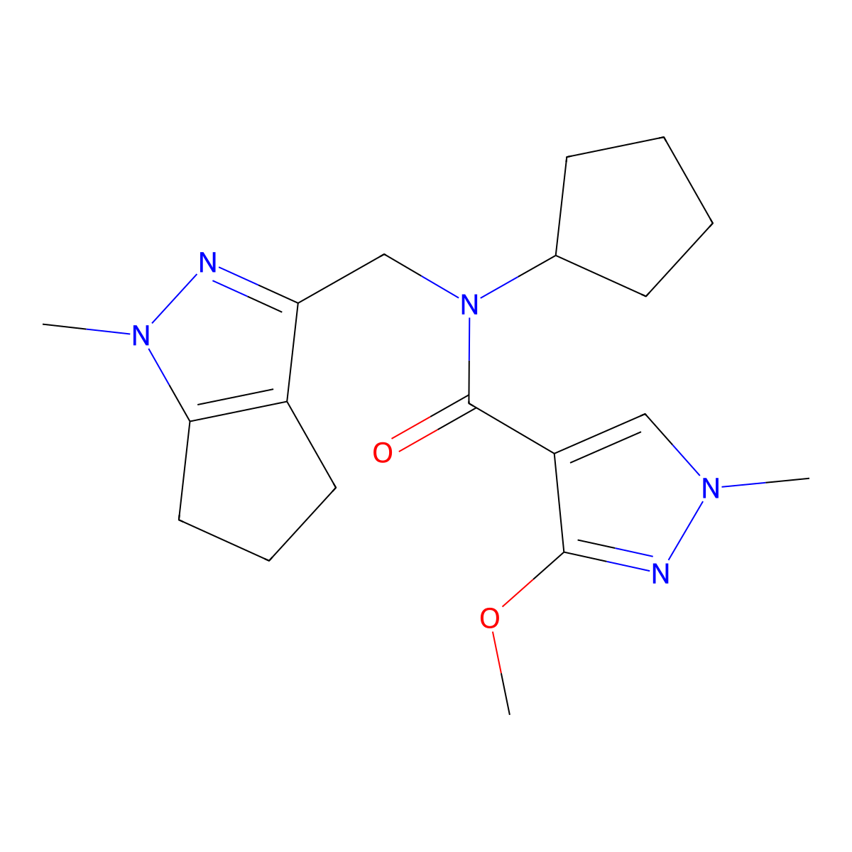 N-cyclopentyl-3-methoxy-1-methyl-N-((1-methyl-1,4,5,6-tetrahydrocyclopenta[c]pyrazol-3-yl)methyl)-1H-pyrazole-4-carboxamide molecular structure, CAS 2034454-09-4